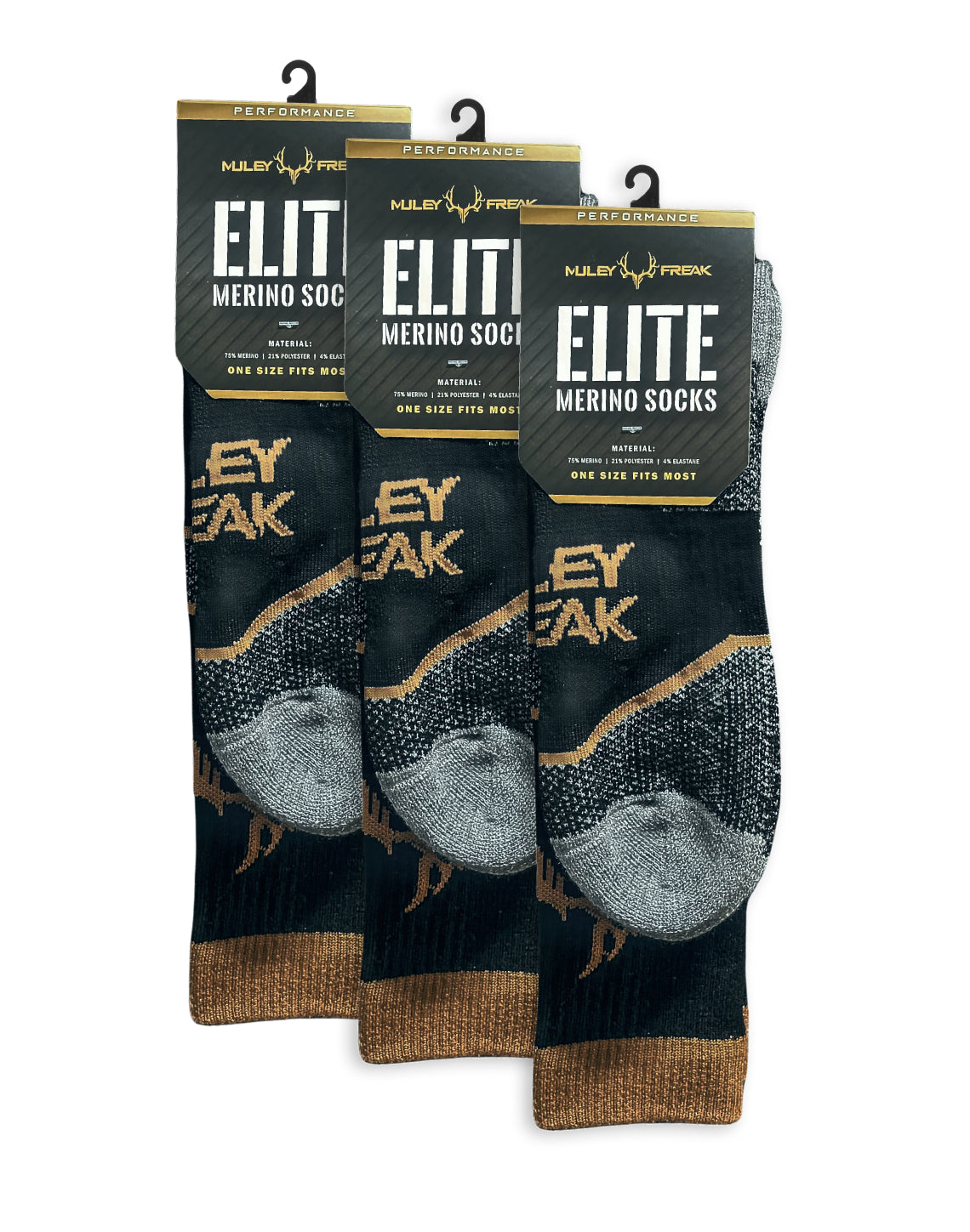 ackaged Muley Freak Elite Merino Socks, showcasing the natural performance blend.