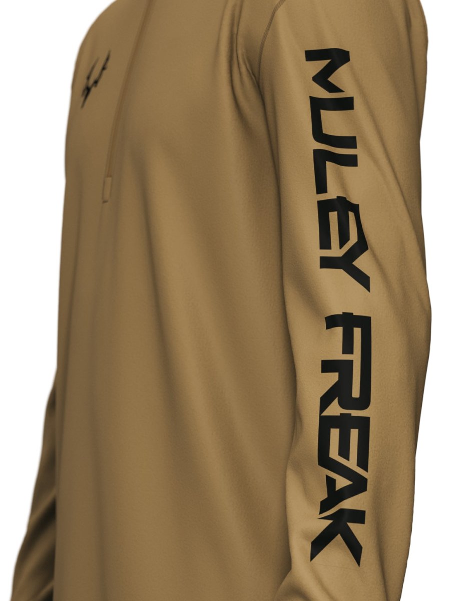 Close-up of Elite Merino Hooded LS sleeve with Muley Freak logo.