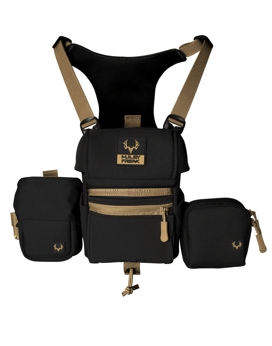 Game Changer binocular harness in black & tan for tactical hunting.