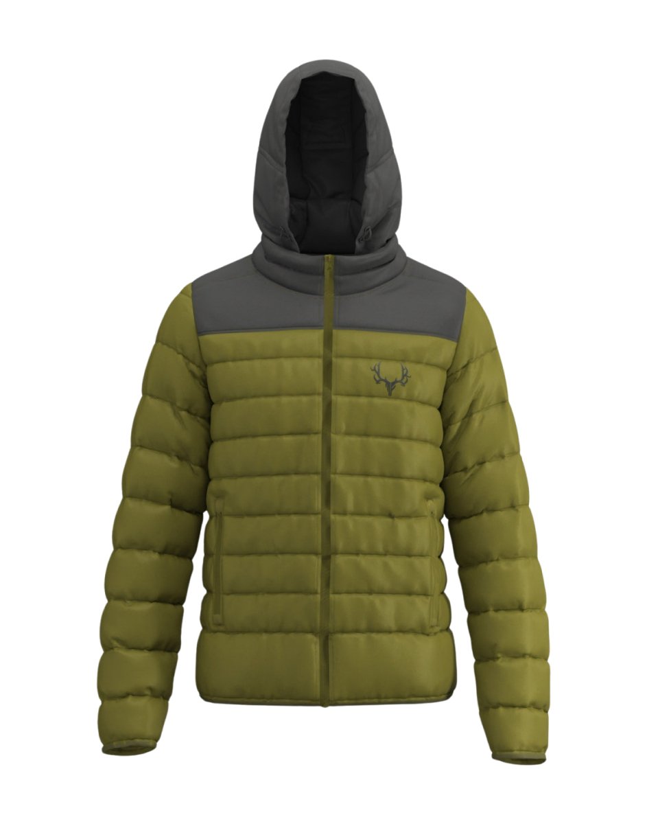 Front angle view of the Smoke Puffy Jacket, highlighting the hood and chest Elk emblem