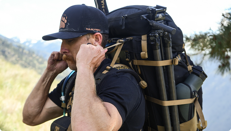Muley Freak Cheat Code hunting backpack showing adjustable shoulder harness and carbon fiber frame fit system.