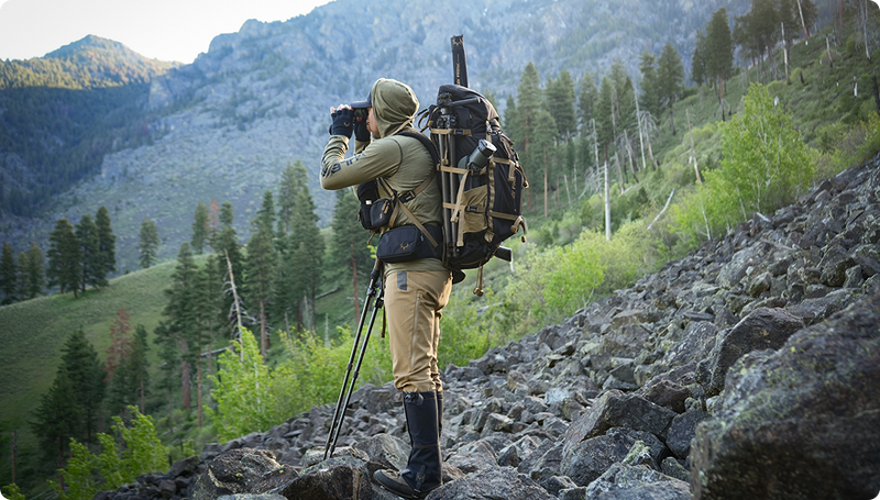 Muley Freak Cheat Code hunting backpack carried in steep terrain as a low-bulk hunting pack for day hunts.