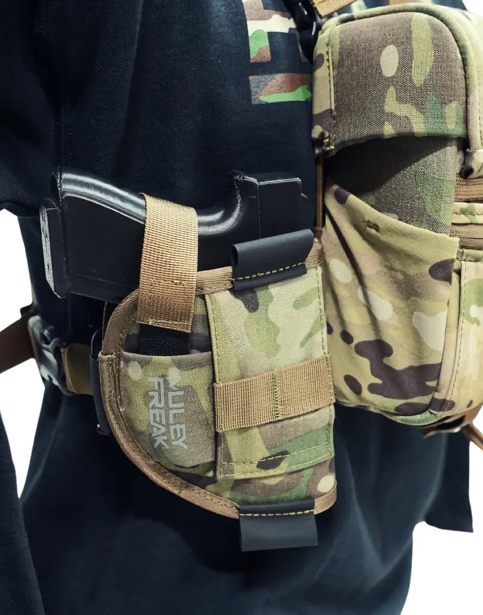Close-up of the multicam Game Changer Holster, showcasing the secure weapon fit.