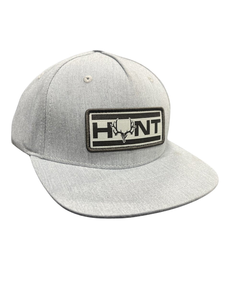 Youth Hunt Flatty gray cap with 'HUNT' and antler design angled view