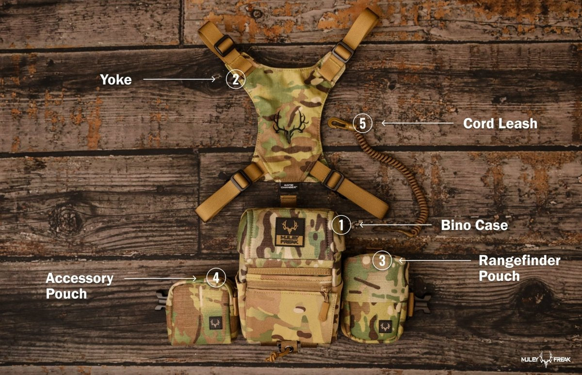 Detailed view of Multicam Game Changer Binocular Harness System with component labels on a rustic wooden background.