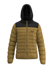 Smoke Puffy Jacket front view with Elk emblem for hunters. - Black and Tan