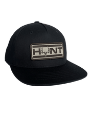 Youth Hunt Flatty black cap with 'HUNT' and antler design front view
